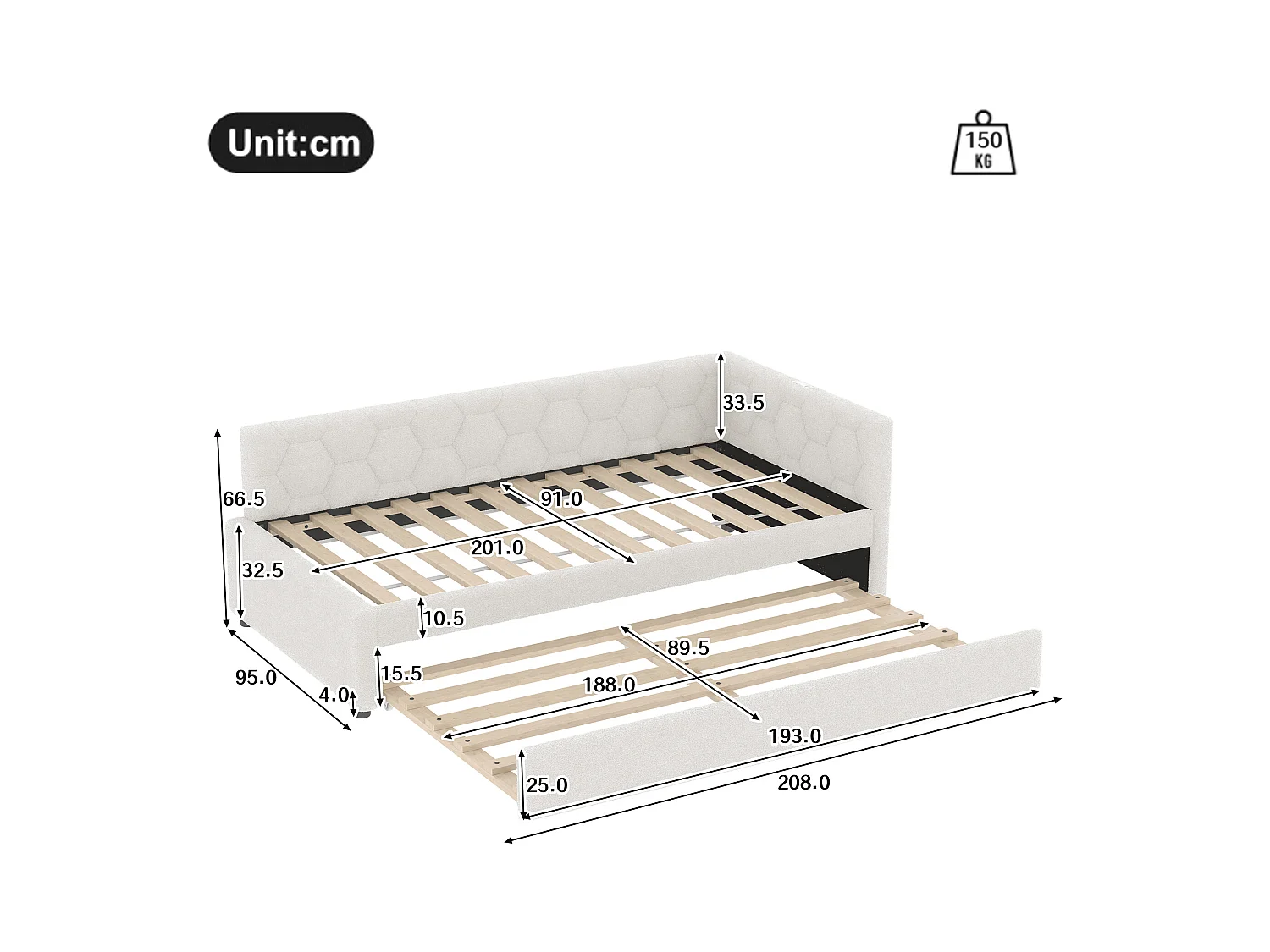 Canapé-lit 90x200 cm - avec lit gigogne - avec port USB + Type-C - blanc (sans matelas)