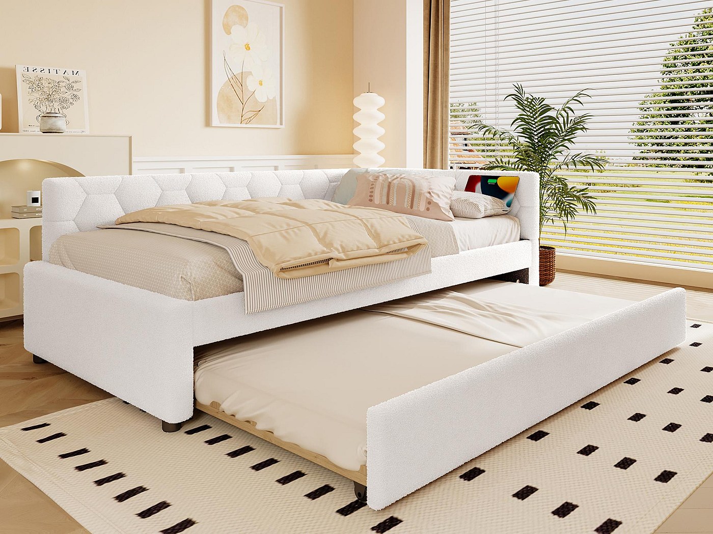 Divano letto - 90 x 200 cm - con LED + testiera imbottita + USB + Type