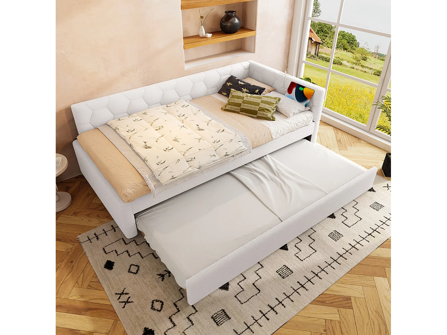 Canapé-lit 90x200 cm - avec lit gigogne - avec port USB + Type-C - blanc (sans matelas)