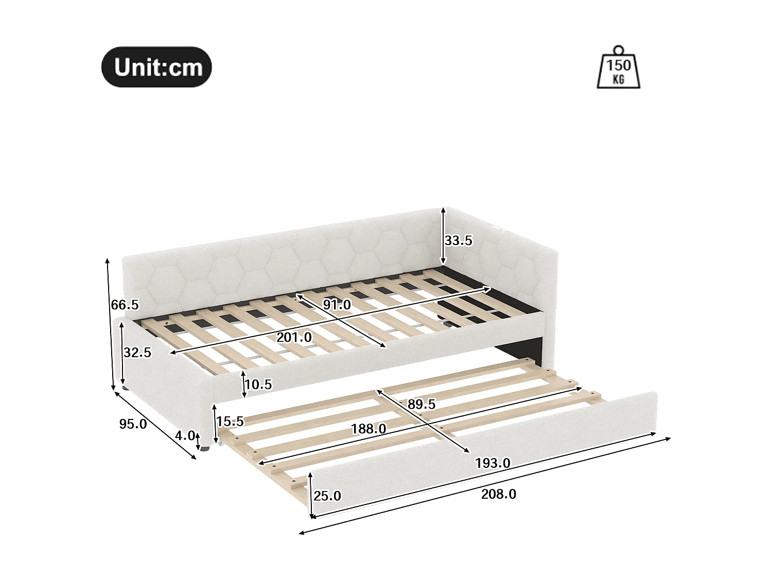 Canapé-lit 90x200 cm - avec lit gigogne - avec port USB + Type-C - blanc (sans matelas)