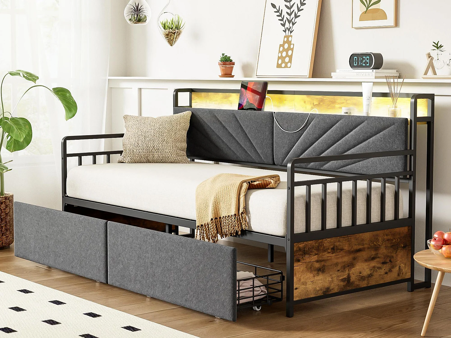 Kanapa rozkładana z kutego żelaza 90×200cm - z LED - z 2 szufladami + gniazdko wielofunkcyjne - czarny (bez materaca)