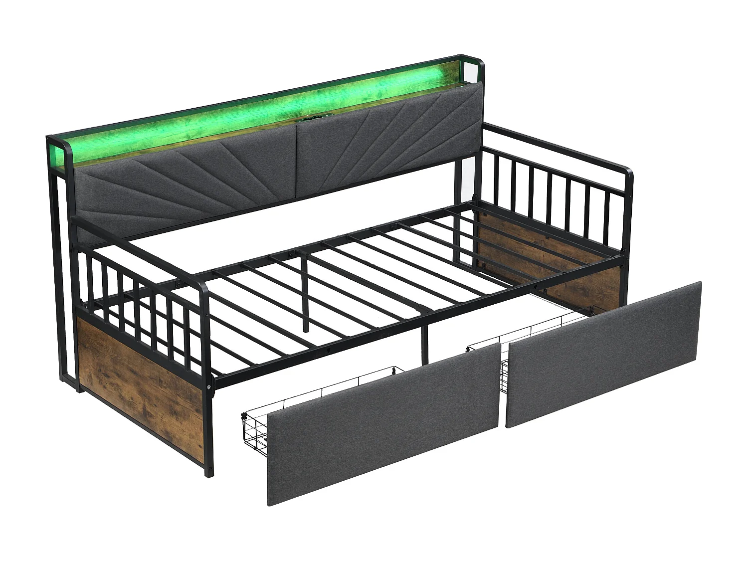 Kanapa rozkładana z kutego żelaza 90×200cm - z LED - z 2 szufladami + gniazdko wielofunkcyjne - czarny (bez materaca)
