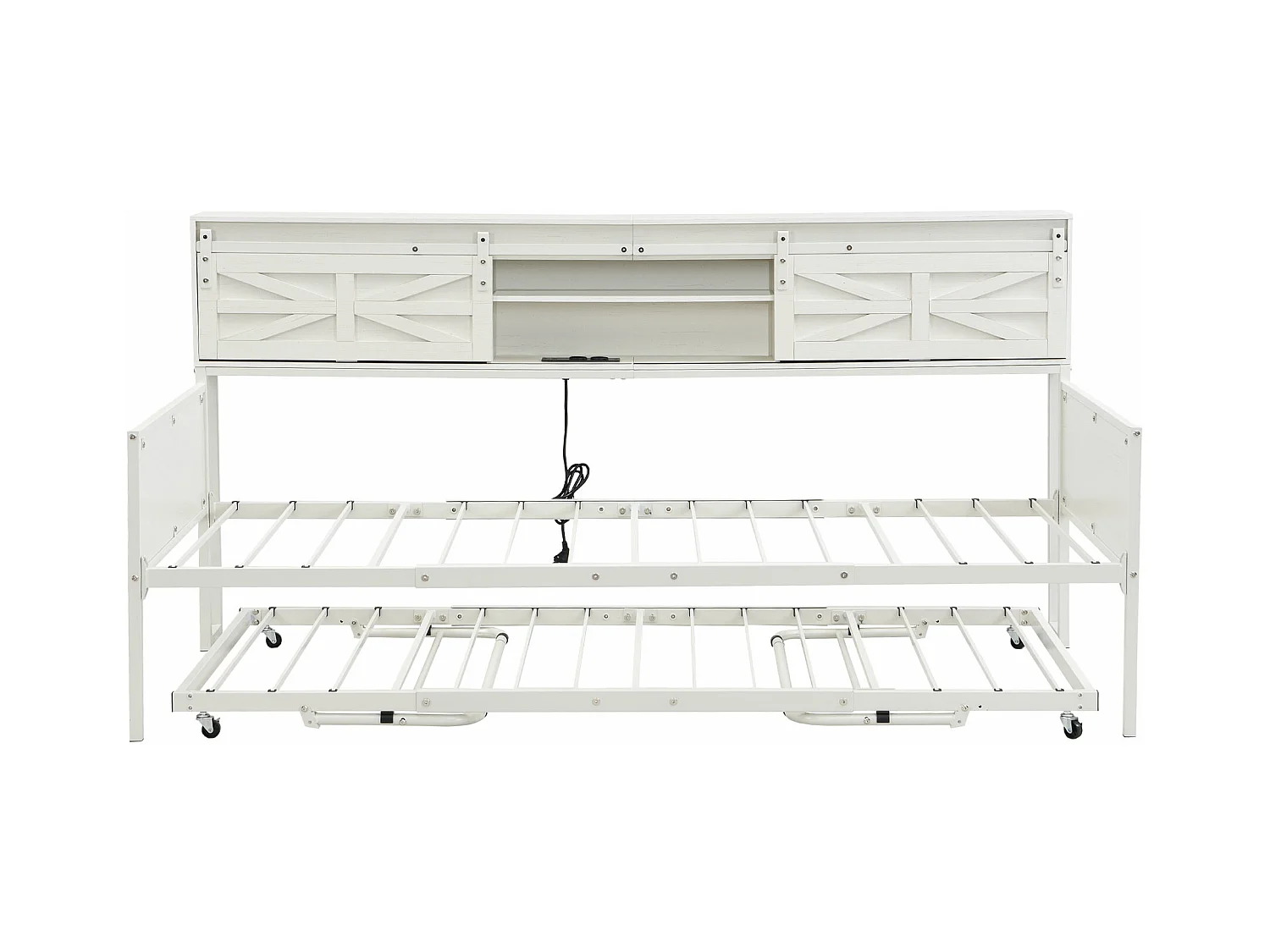 Canapé-lit en fer forgé 90x200cm - avec lit gigogne - avec compartiment de rangement + prise multifonction - blanc