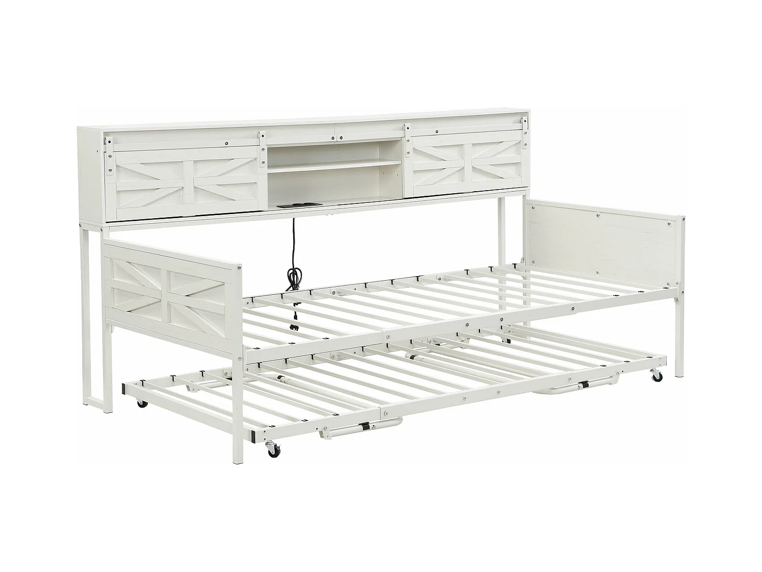 Canapé-lit en fer forgé 90x200cm - avec lit gigogne - avec compartiment de rangement + prise multifonction - blanc