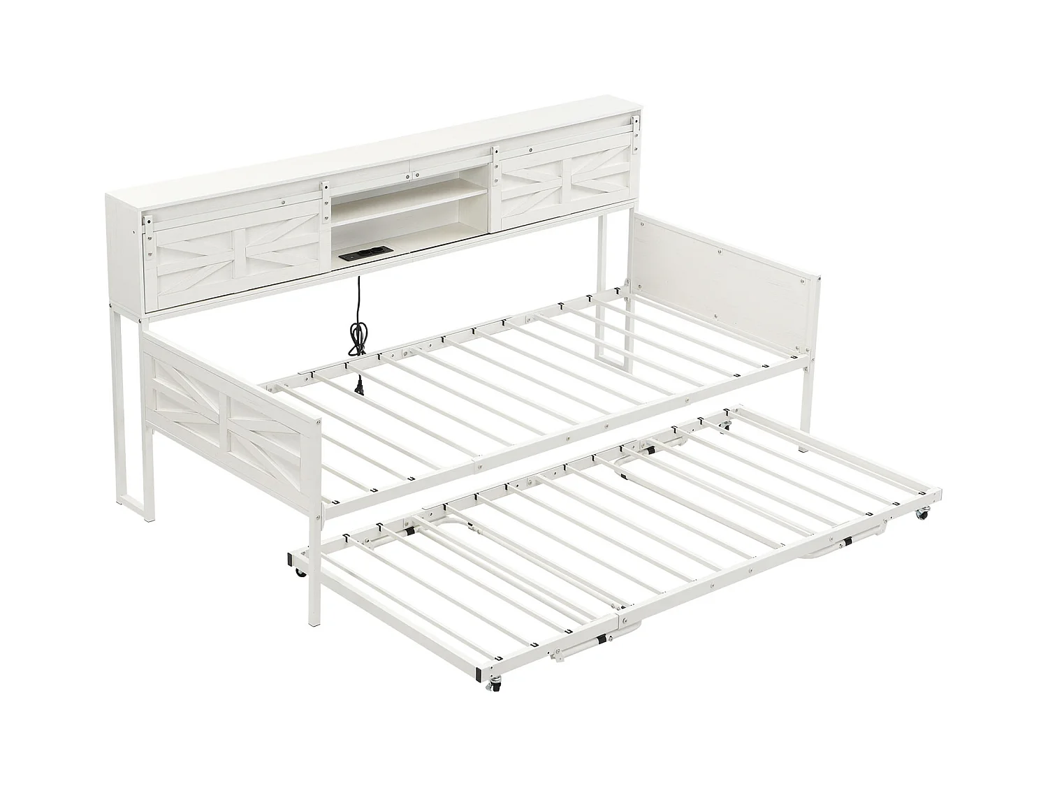 Canapé-lit en fer forgé 90x200cm - avec lit gigogne - avec compartiment de rangement + prise multifonction - blanc