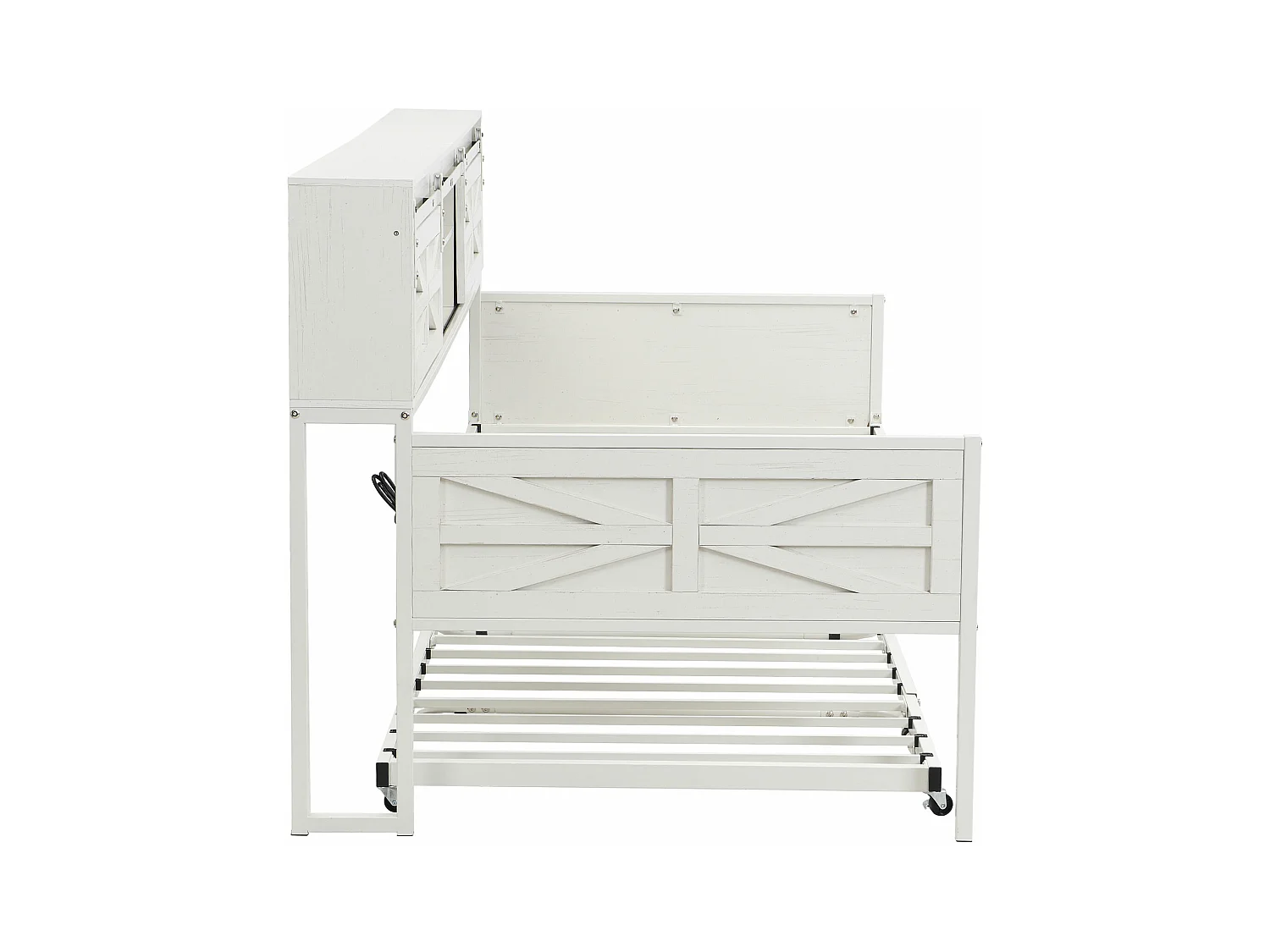 Canapé-lit en fer forgé 90x200cm - avec lit gigogne - avec compartiment de rangement + prise multifonction - blanc