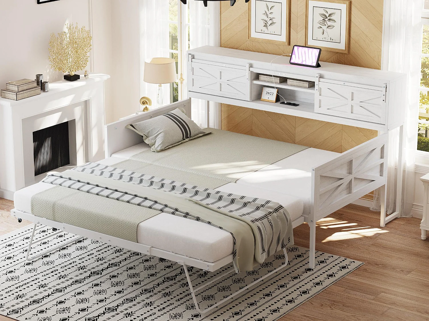 Slaapbank van smeedijzer 90×200 cm - met opbergbed - met opbergruimte + multifunctioneel stopcontact - wit