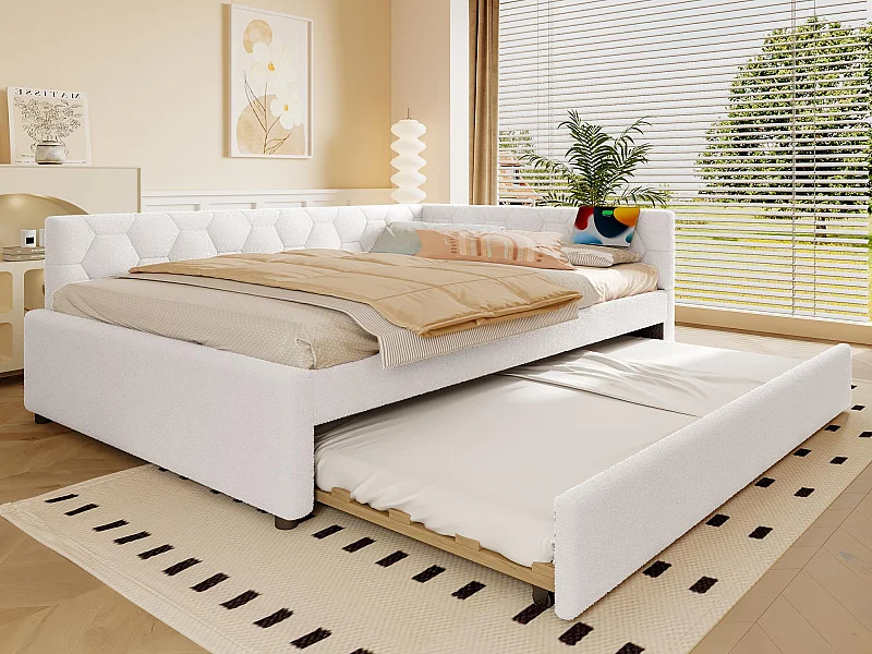 Canapé-lit 140x200 cm - avec lit gigogne - avec port USB + Type-C - blanc (sans matelas)