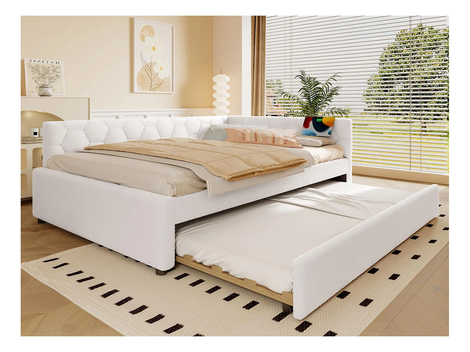 Canapé-lit 140x200 cm - avec lit gigogne - avec port USB + Type-C - blanc (sans matelas)