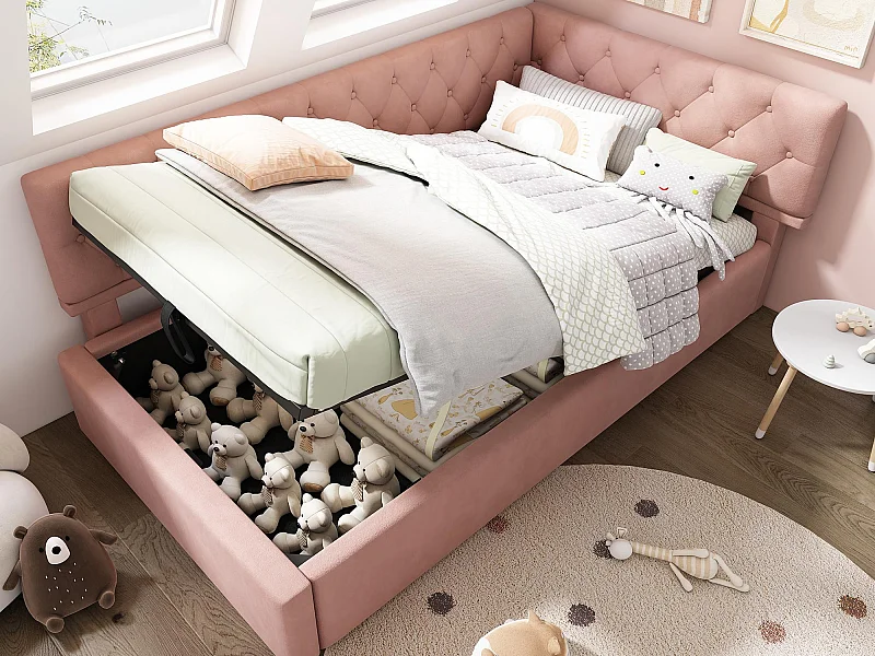 Sofabett mit Stauraum 90×200 cm - aus Veloursstoff - mit Lattenrost - rosa (ohne Matratze)