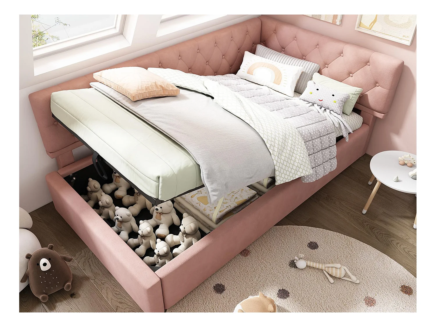 Canapé-lit coffre 90x200 cm - avec rangement - tissu en velours - avec sommier à lattes - Rose(sans matelas)