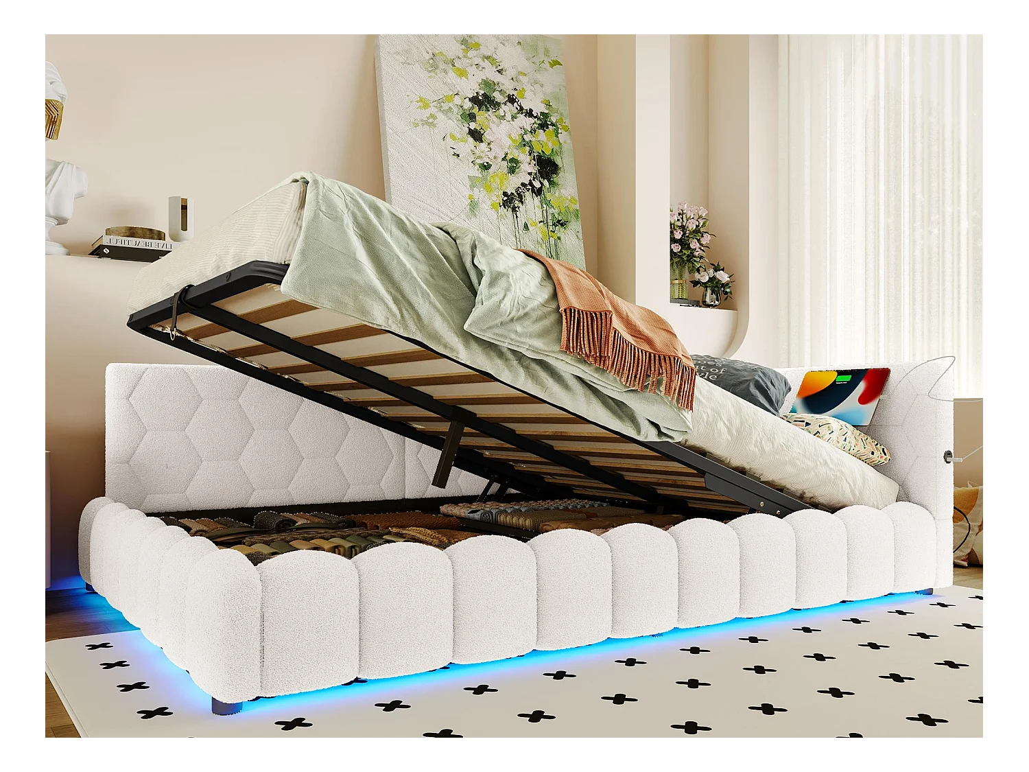 Canapé-lit coffre 140x200 cm - avec éclairage LED - avec USB + Type-C - blanc (sans matelas)