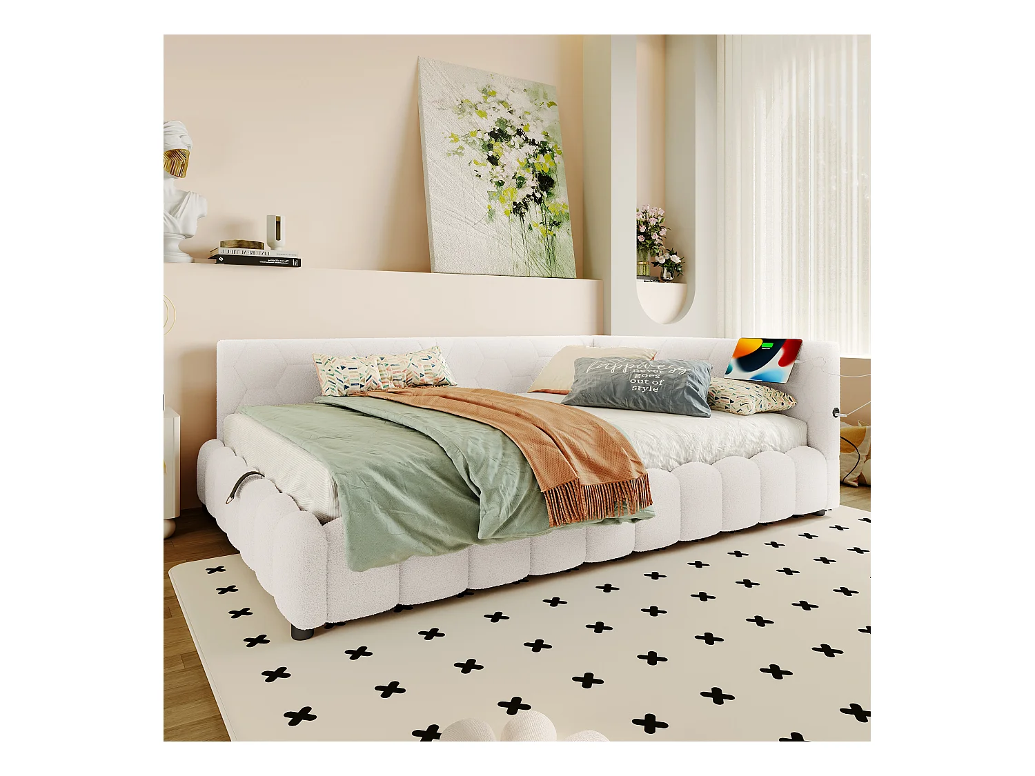 Canapé-lit coffre 140x200 cm - avec éclairage LED - avec USB + Type-C - blanc (sans matelas)