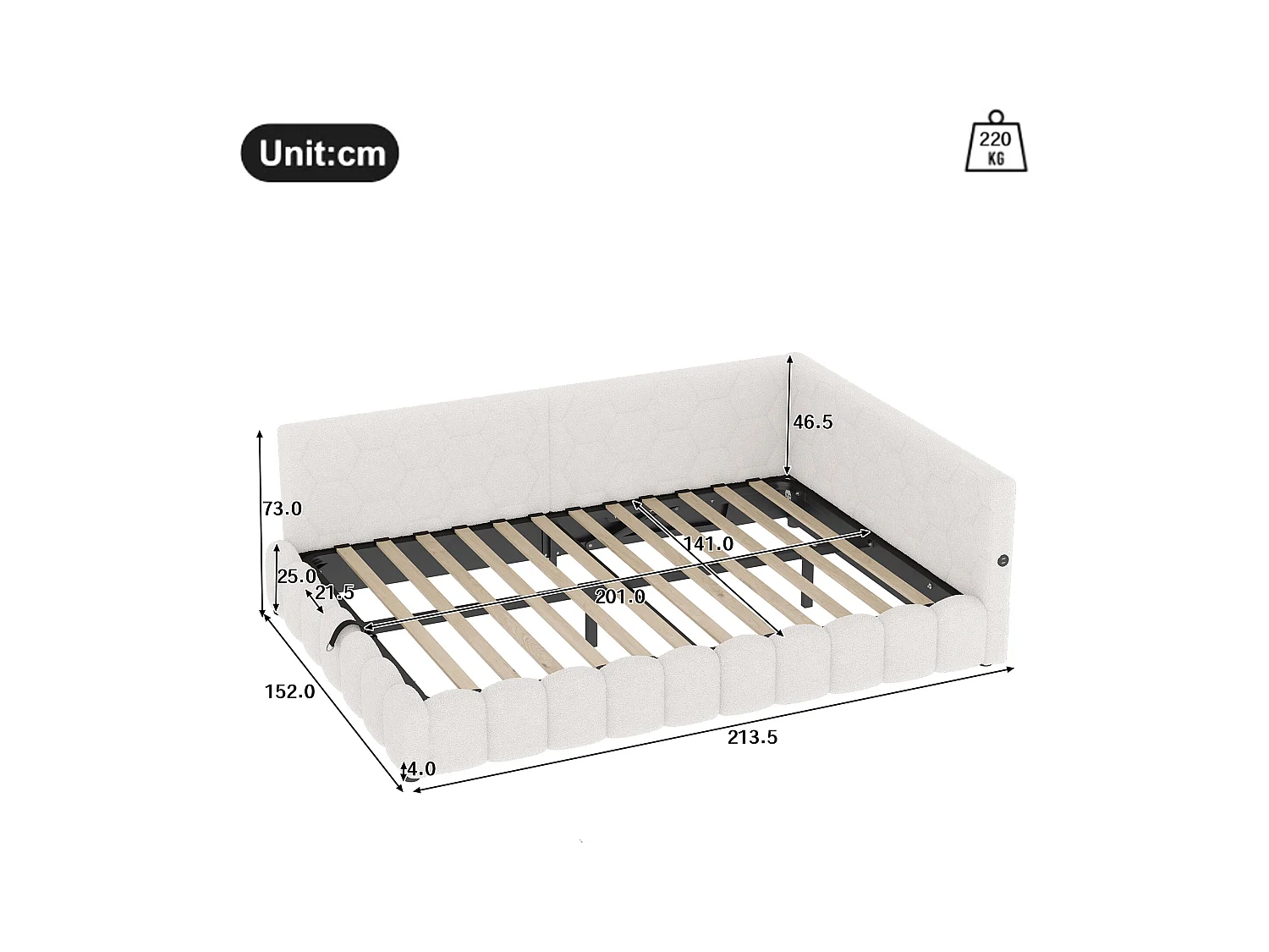 Canapé-lit coffre 140x200 cm - avec éclairage LED - avec USB + Type-C - blanc (sans matelas)