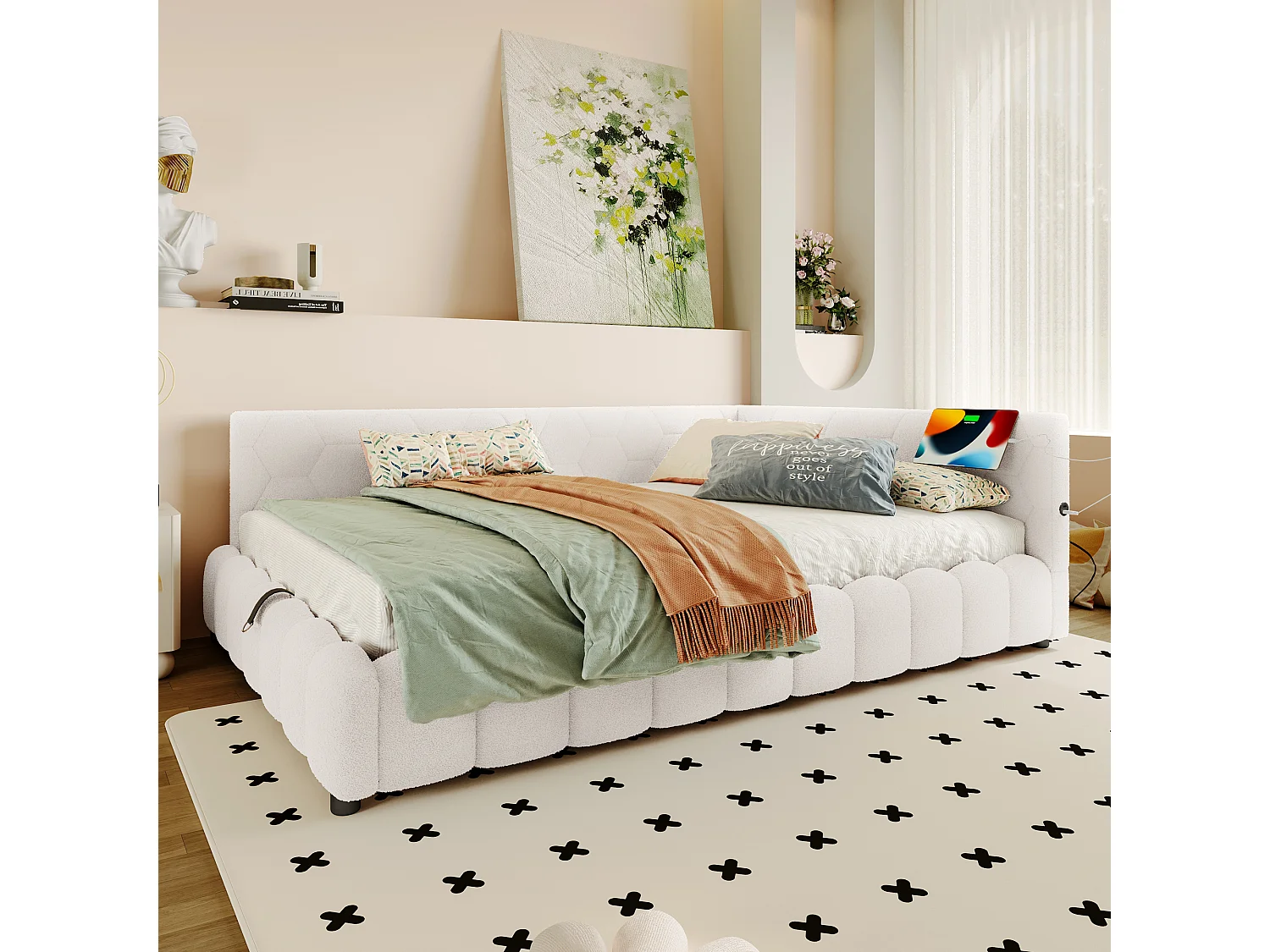 Ausziehbares Sofabett 140x200 cm - mit LED-Beleuchtung - mit USB + Type-C - weiß (ohne Matratze)