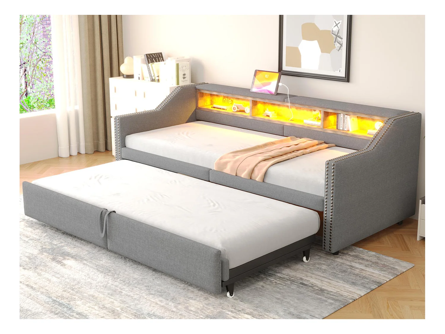Gepolstertes Sofabett 90/180×200 cm - mit Staufach - mit LED-Beleuchtung + USB-Anschluss - hellgrau
