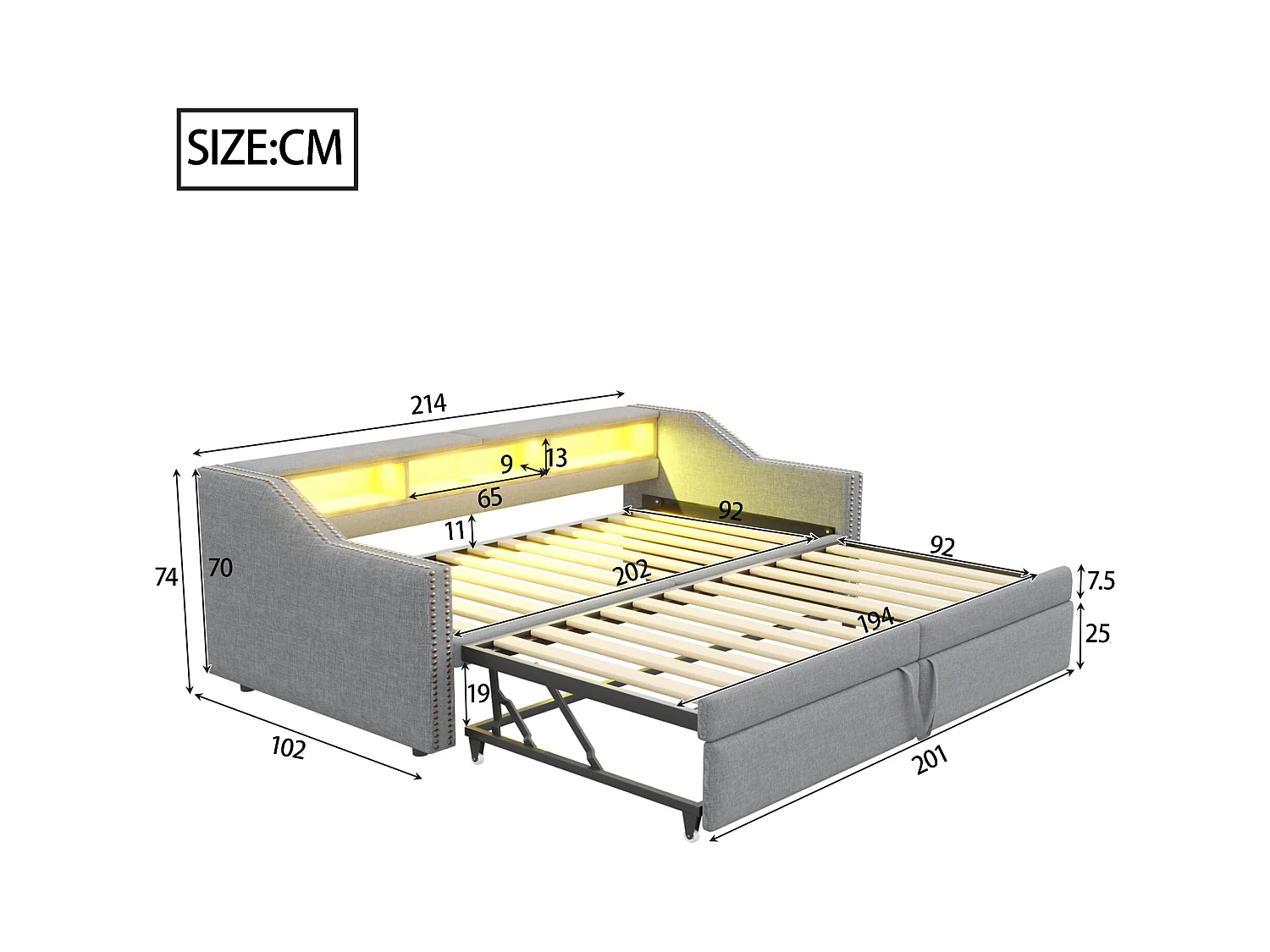 Gepolstertes Sofabett 90/180×200 cm - mit Staufach - mit LED-Beleuchtung + USB-Anschluss - hellgrau