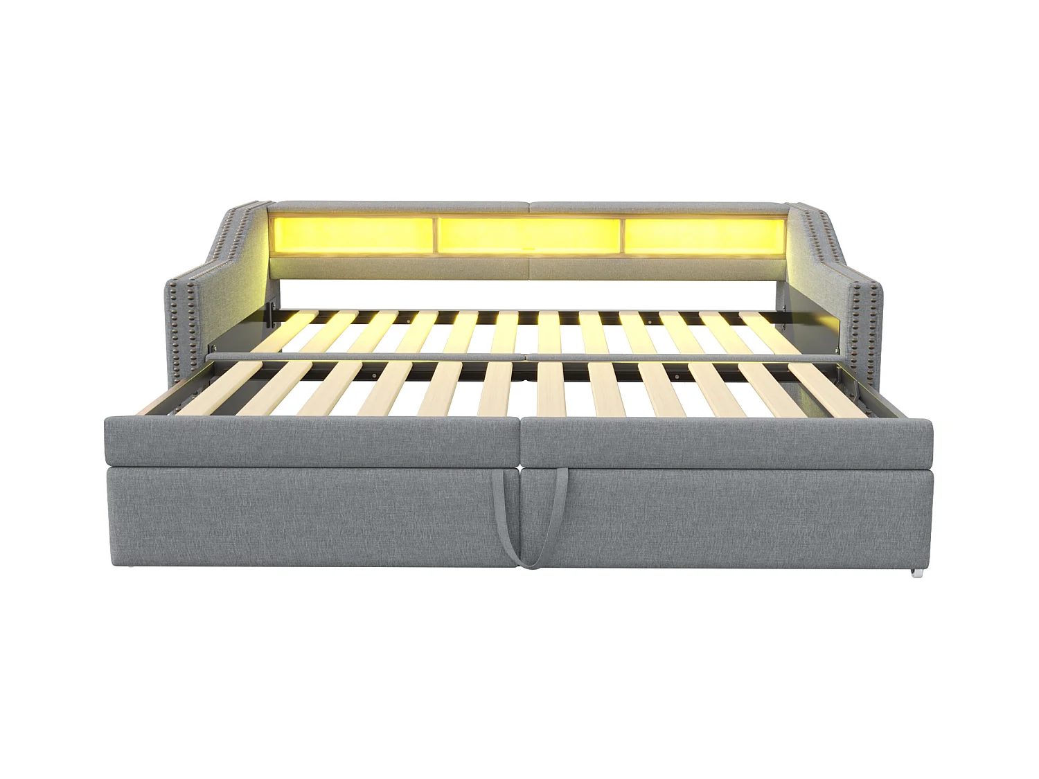 Gepolstertes Sofabett 90/180×200 cm - mit Staufach - mit LED-Beleuchtung + USB-Anschluss - hellgrau