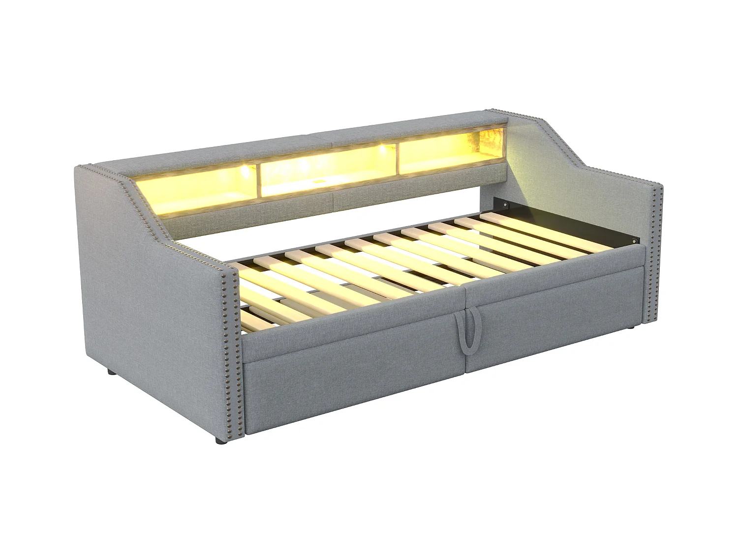 Gepolstertes Sofabett 90/180×200 cm - mit Staufach - mit LED-Beleuchtung + USB-Anschluss - hellgrau