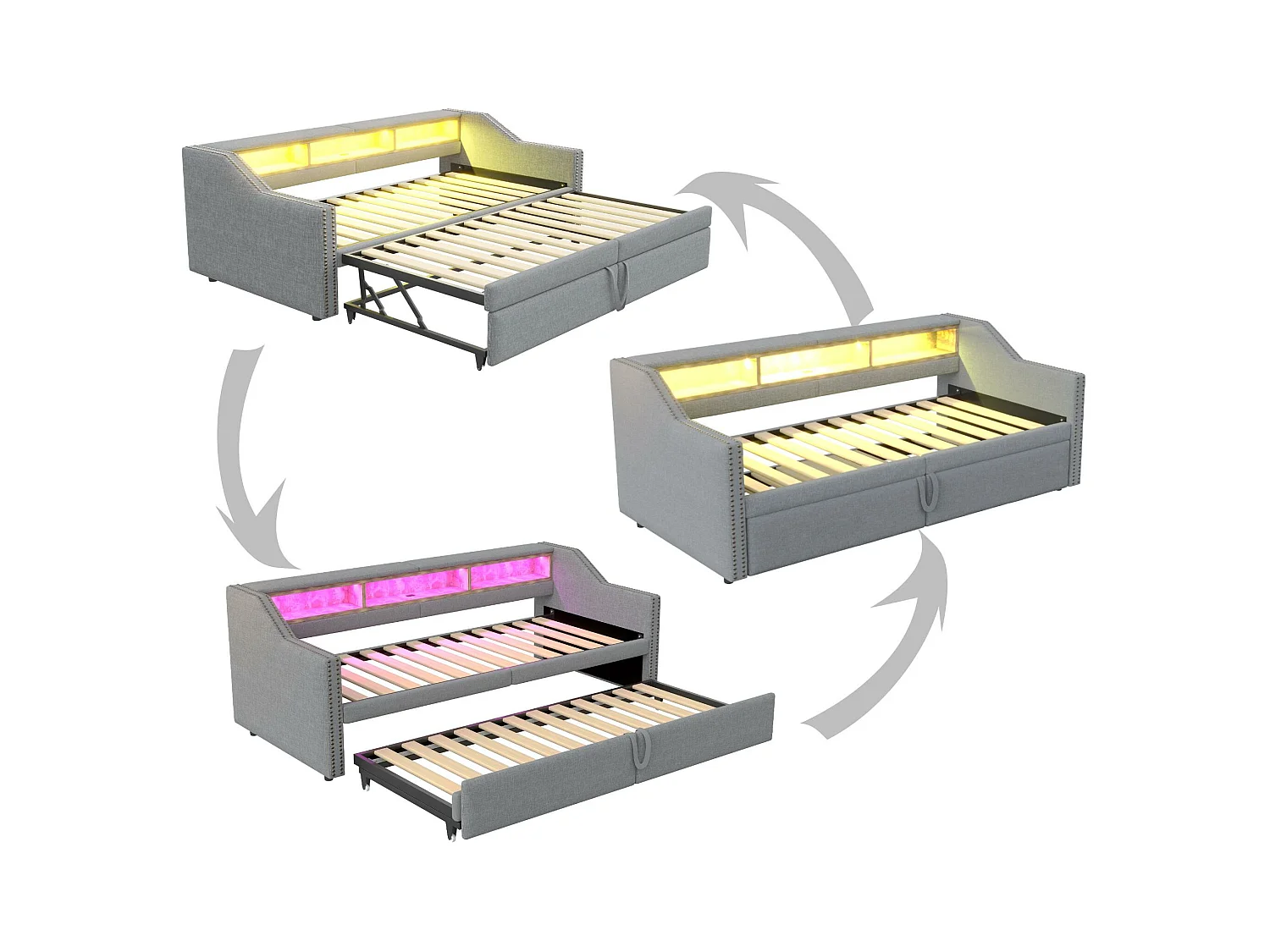 Gepolstertes Sofabett 90/180×200 cm - mit Staufach - mit LED-Beleuchtung + USB-Anschluss - hellgrau