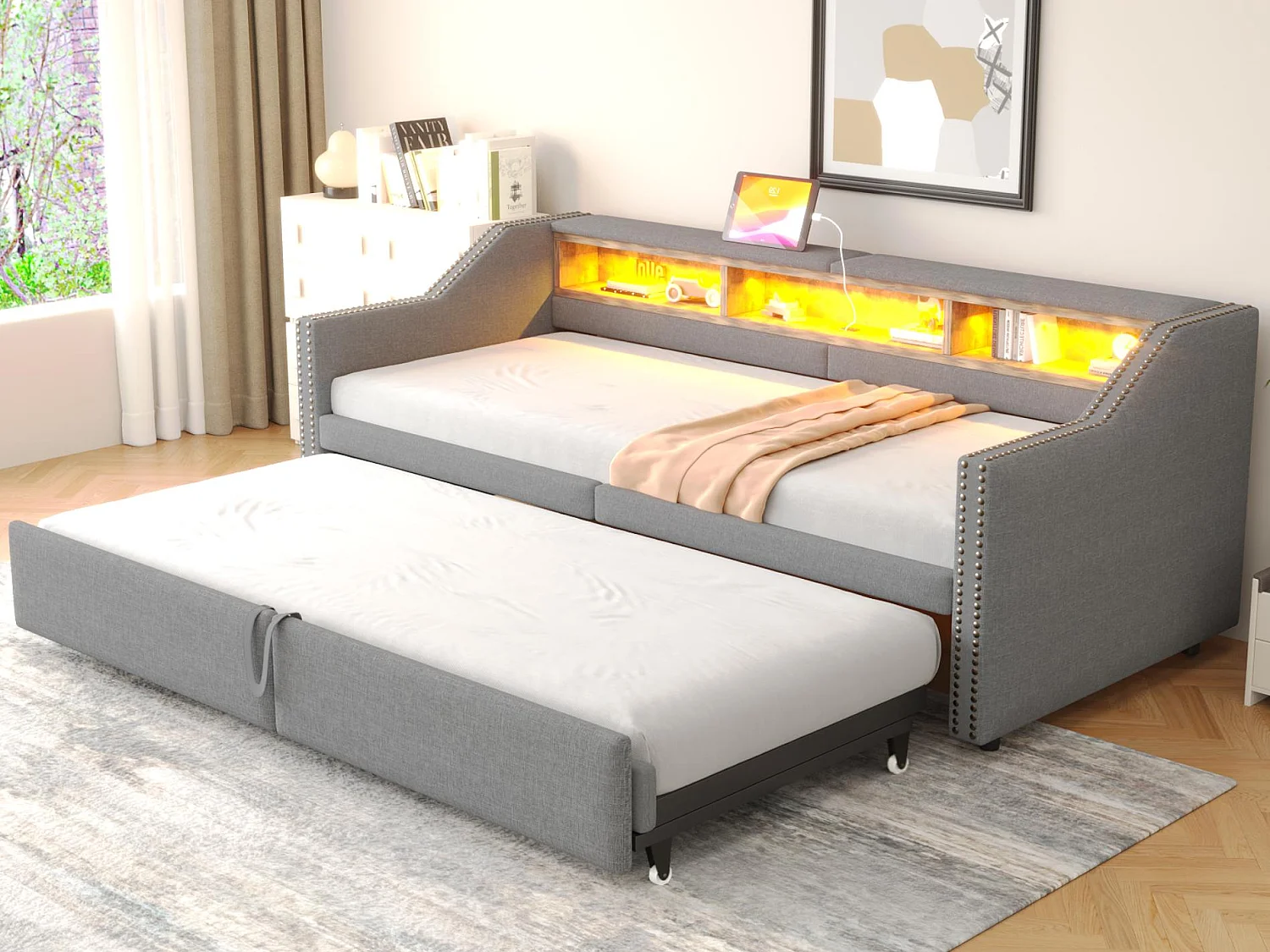 Gepolstertes Sofabett 90/180×200 cm - mit Staufach - mit LED-Beleuchtung + USB-Anschluss - hellgrau