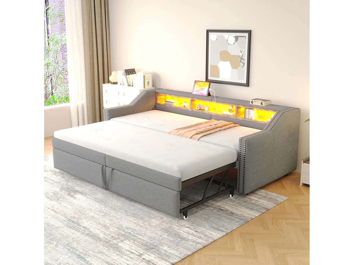 Gepolstertes Sofabett 90/180×200 cm - mit Staufach - mit LED-Beleuchtung + USB-Anschluss - hellgrau