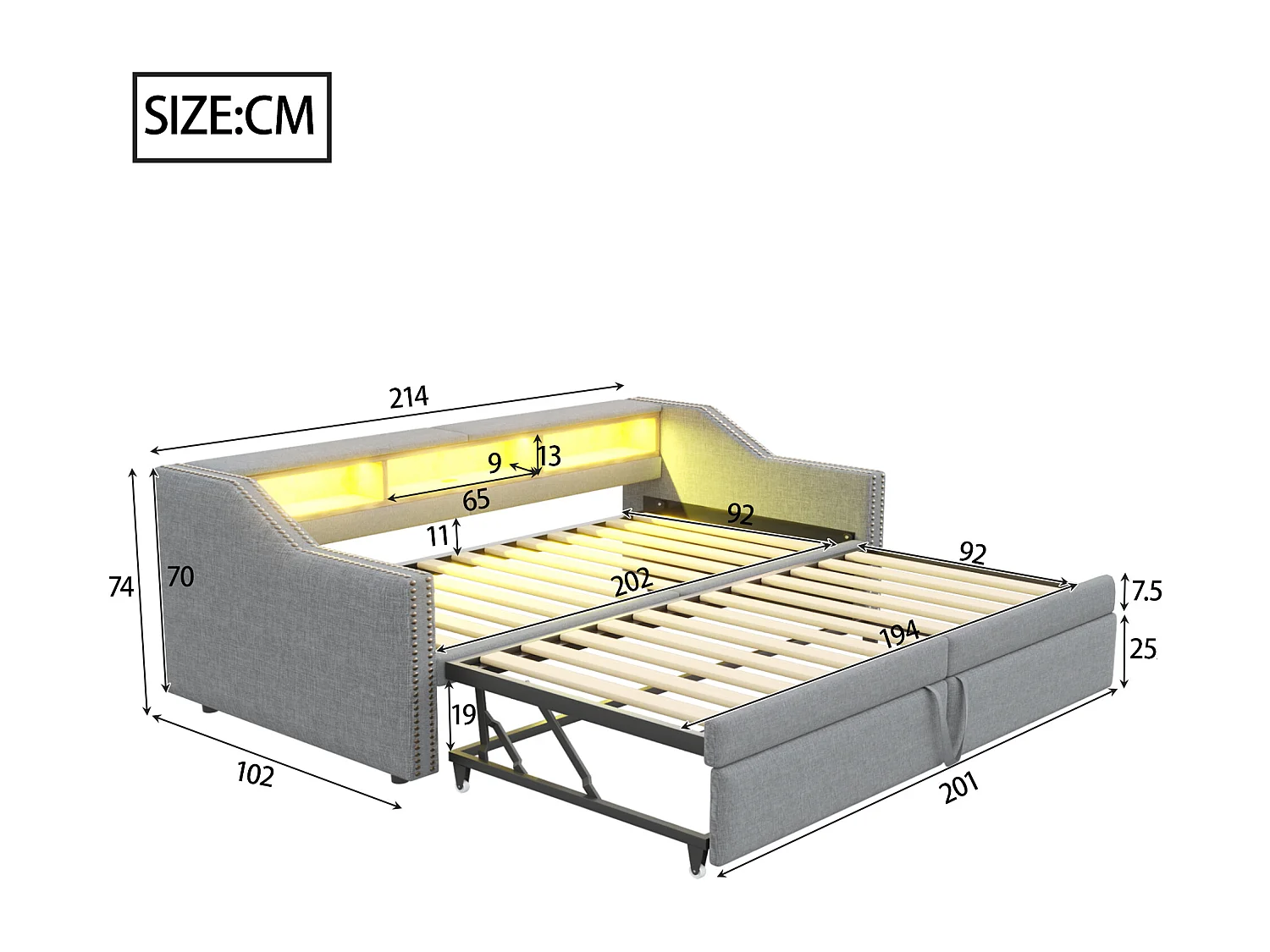 Gepolstertes Sofabett 90/180×200 cm - mit Staufach - mit LED-Beleuchtung + USB-Anschluss - hellgrau