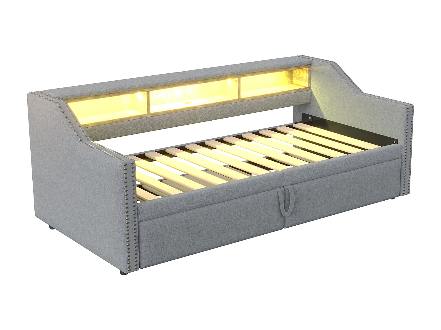 Gepolstertes Sofabett 90/180×200 cm - mit Staufach - mit LED-Beleuchtung + USB-Anschluss - hellgrau