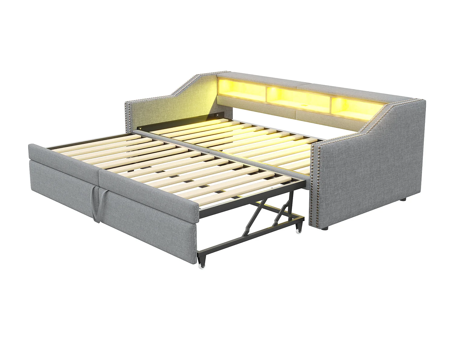 Gepolstertes Sofabett 90/180×200 cm - mit Staufach - mit LED-Beleuchtung + USB-Anschluss - hellgrau