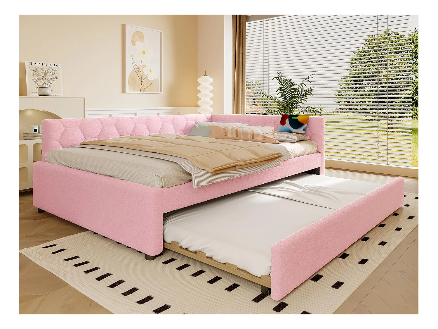 Canapé-lit 140x200 cm - avec lit gigogne - avec port USB + Type-C - rose (sans matelas)