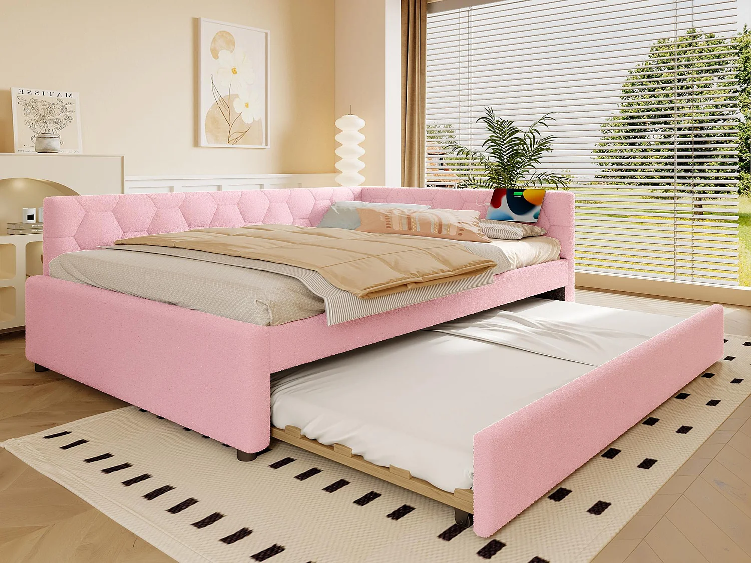 Sofabett 140×200 cm - mit Nestbett - mit USB-Anschluss + Type-C - rosa (ohne Matratze)