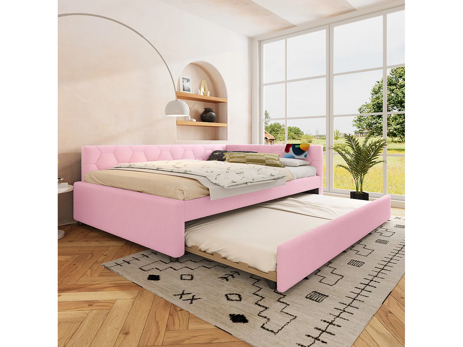 Sofabett 140×200 cm - mit Nestbett - mit USB-Anschluss + Type-C - rosa (ohne Matratze)