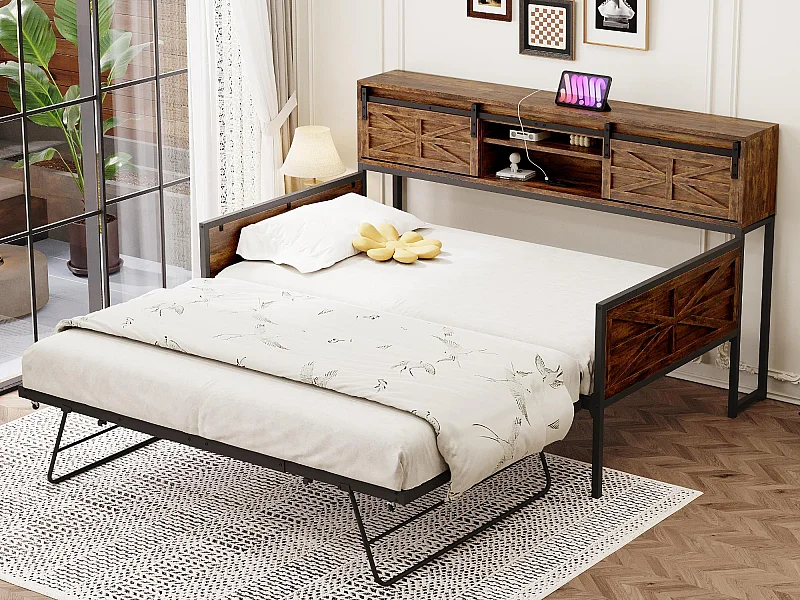 Canapé-lit en fer forgé 90x200cm - avec lit gigogne - avec compartiment de rangement + prise multifonction - noir+marron