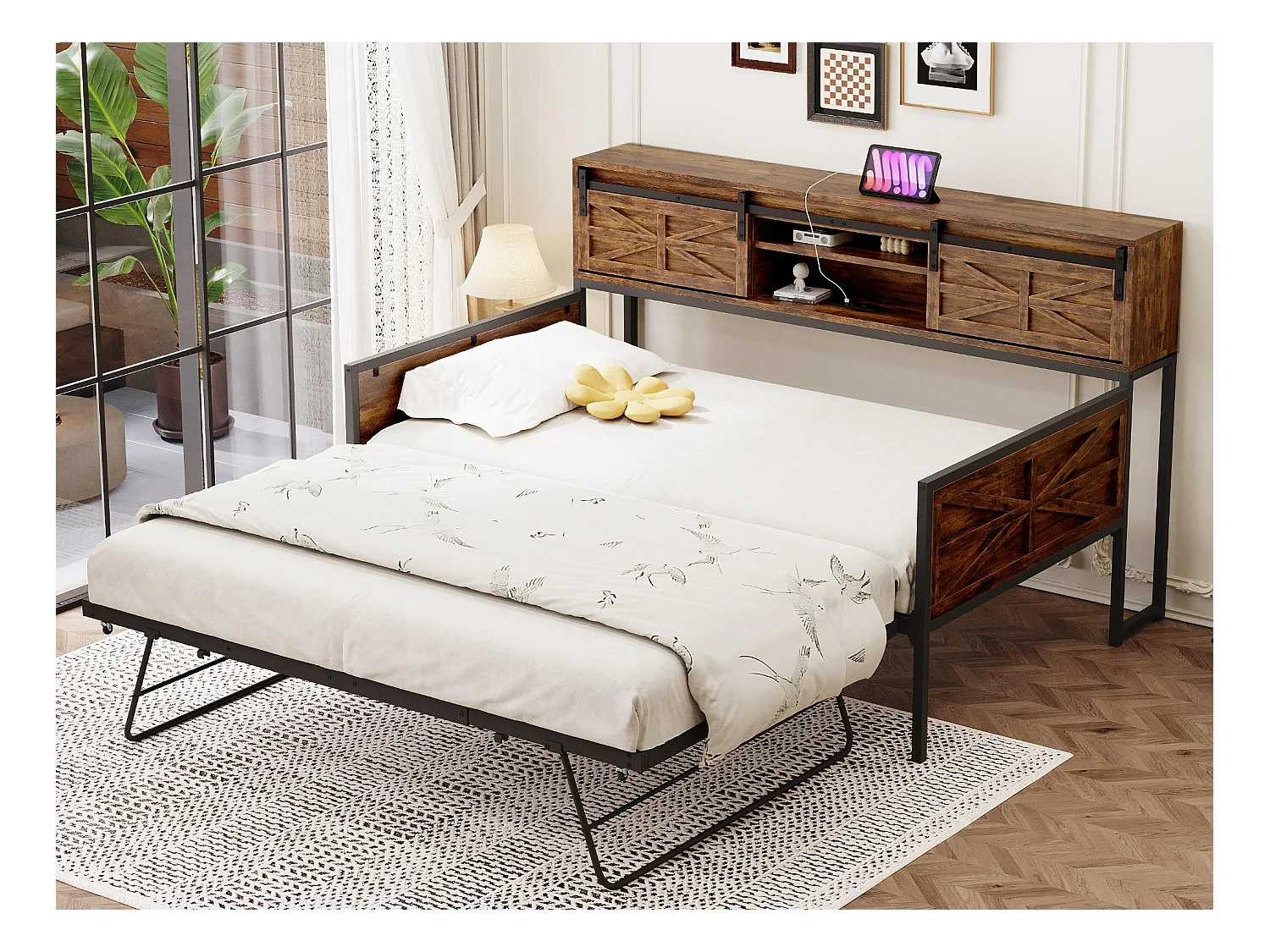 Canapé-lit en fer forgé 90x200cm - avec lit gigogne - avec compartiment de rangement + prise multifonction - noir+marron