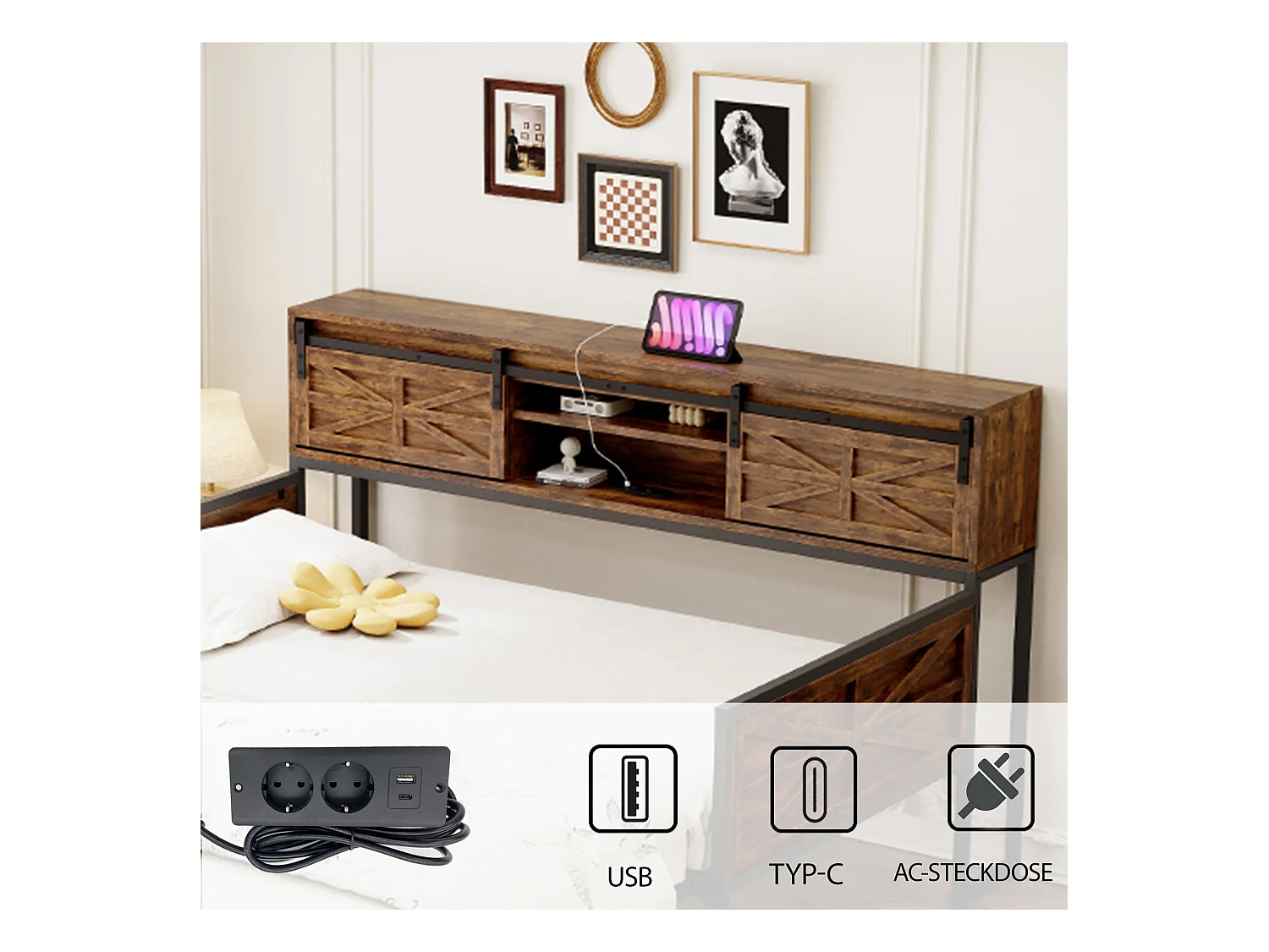 Canapé-lit en fer forgé 90x200cm - avec lit gigogne - avec compartiment de rangement + prise multifonction - noir+marron