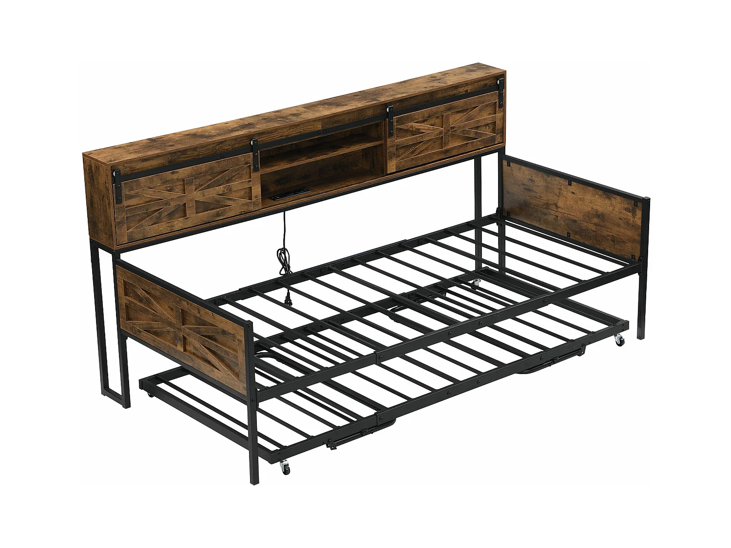 Canapé-lit en fer forgé 90x200cm - avec lit gigogne - avec compartiment de rangement + prise multifonction - noir+marron