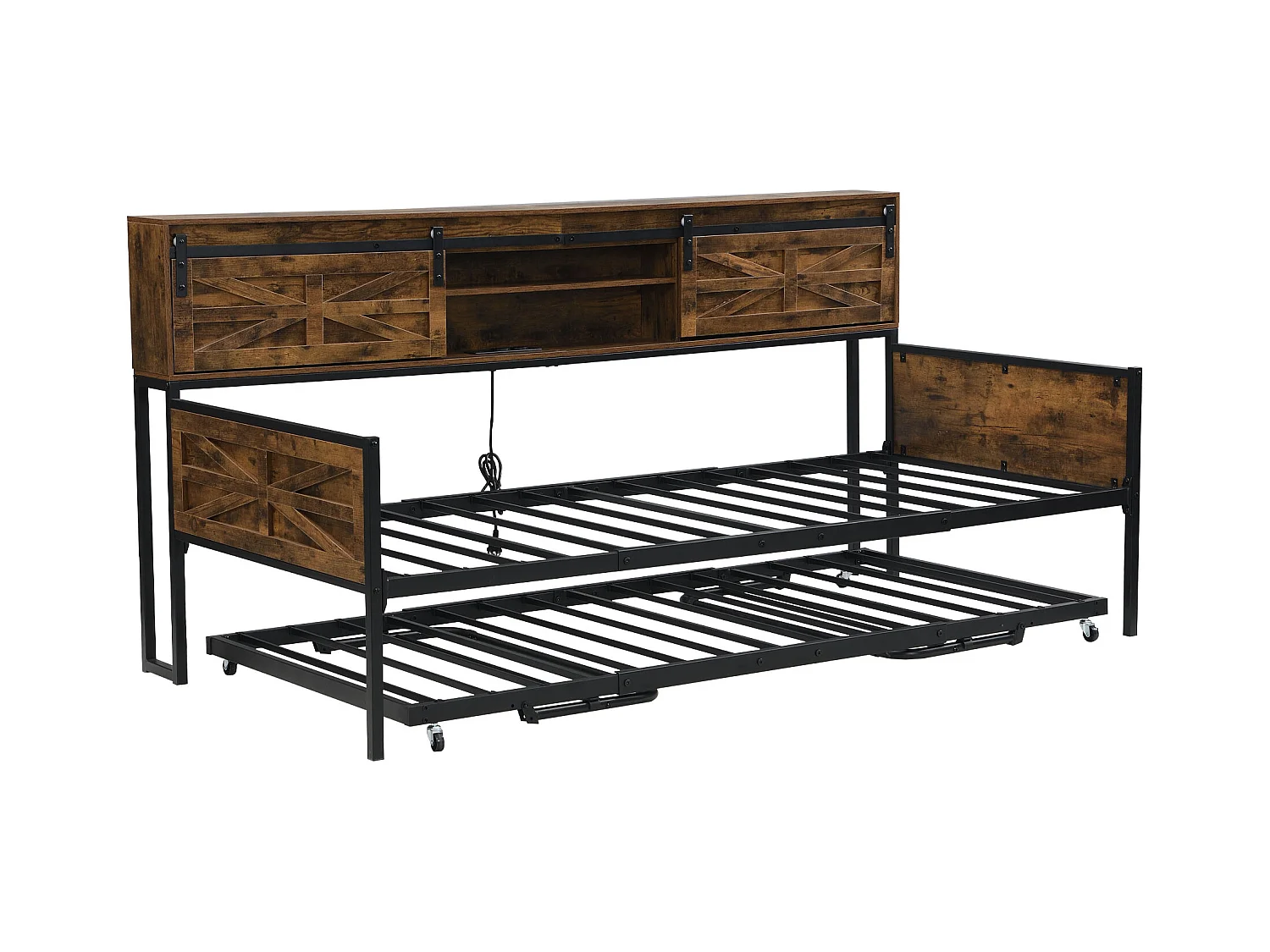 Canapé-lit en fer forgé 90x200cm - avec lit gigogne - avec compartiment de rangement + prise multifonction - noir+marron