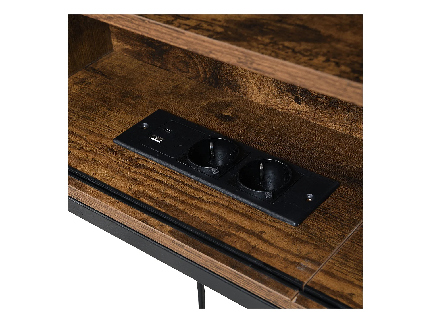 Canapé-lit en fer forgé 90x200cm - avec lit gigogne - avec compartiment de rangement + prise multifonction - noir+marron