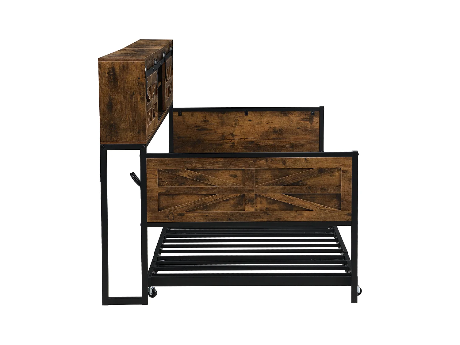 Canapé-lit en fer forgé 90x200cm - avec lit gigogne - avec compartiment de rangement + prise multifonction - noir+marron