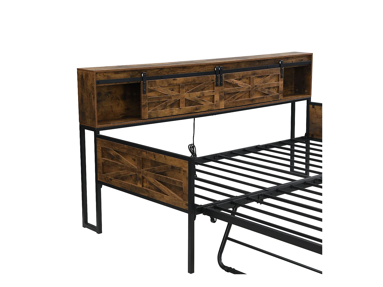 Canapé-lit en fer forgé 90x200cm - avec lit gigogne - avec compartiment de rangement + prise multifonction - noir+marron