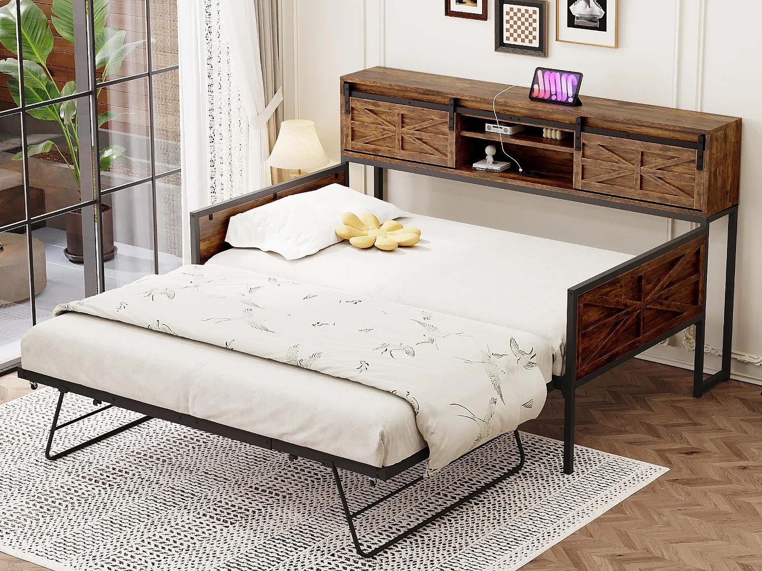 Slaapbank van smeedijzer 90×200 cm - met opbergbed - met opbergruimte + multifunctioneel stopcontact - zwart/bruin