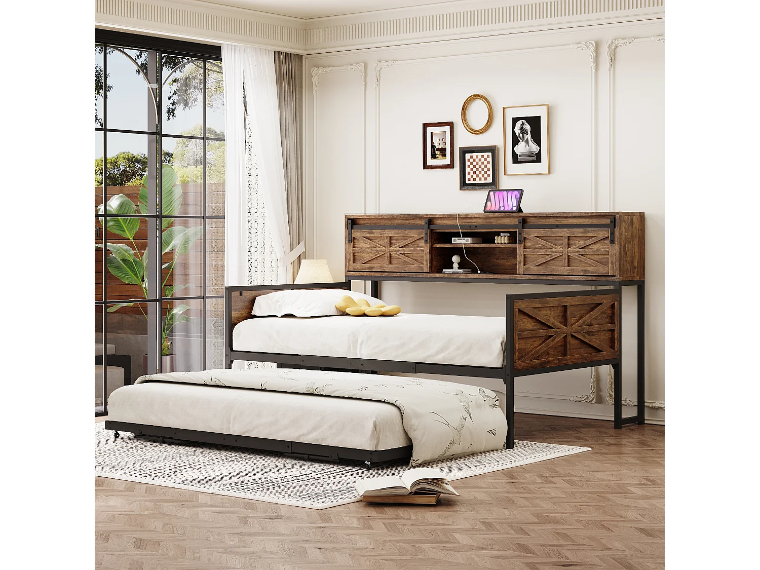 Slaapbank van smeedijzer 90×200 cm - met opbergbed - met opbergruimte + multifunctioneel stopcontact - zwart/bruin