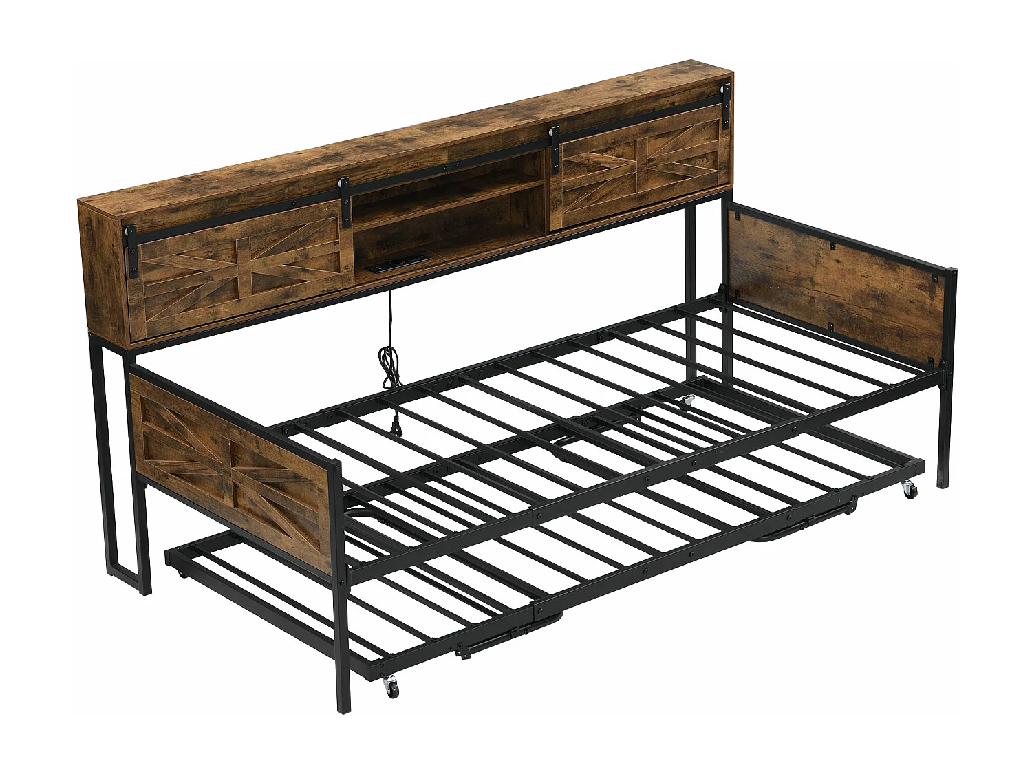 Slaapbank van smeedijzer 90×200 cm - met opbergbed - met opbergruimte + multifunctioneel stopcontact - zwart/bruin