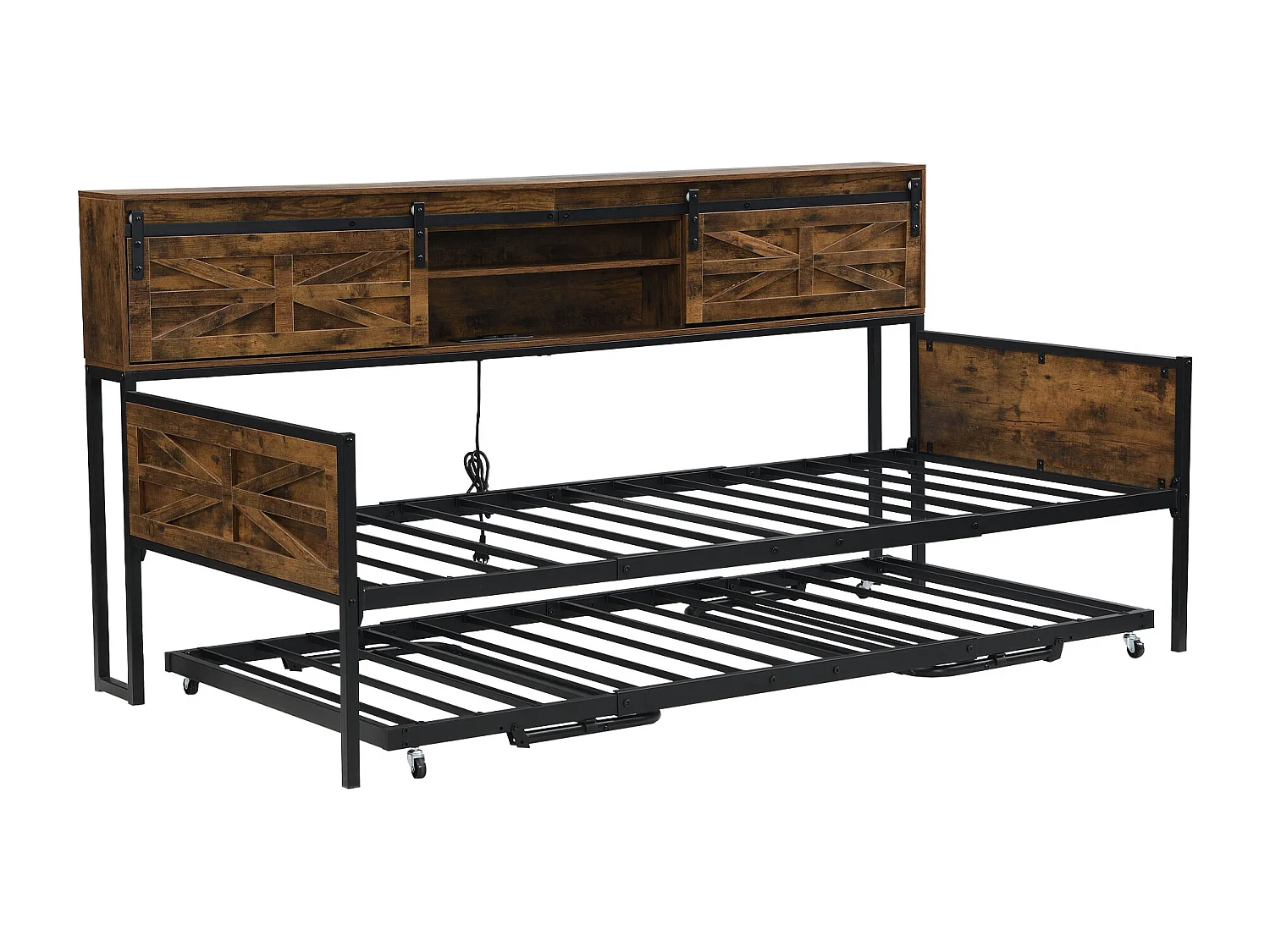 Slaapbank van smeedijzer 90×200 cm - met opbergbed - met opbergruimte + multifunctioneel stopcontact - zwart/bruin