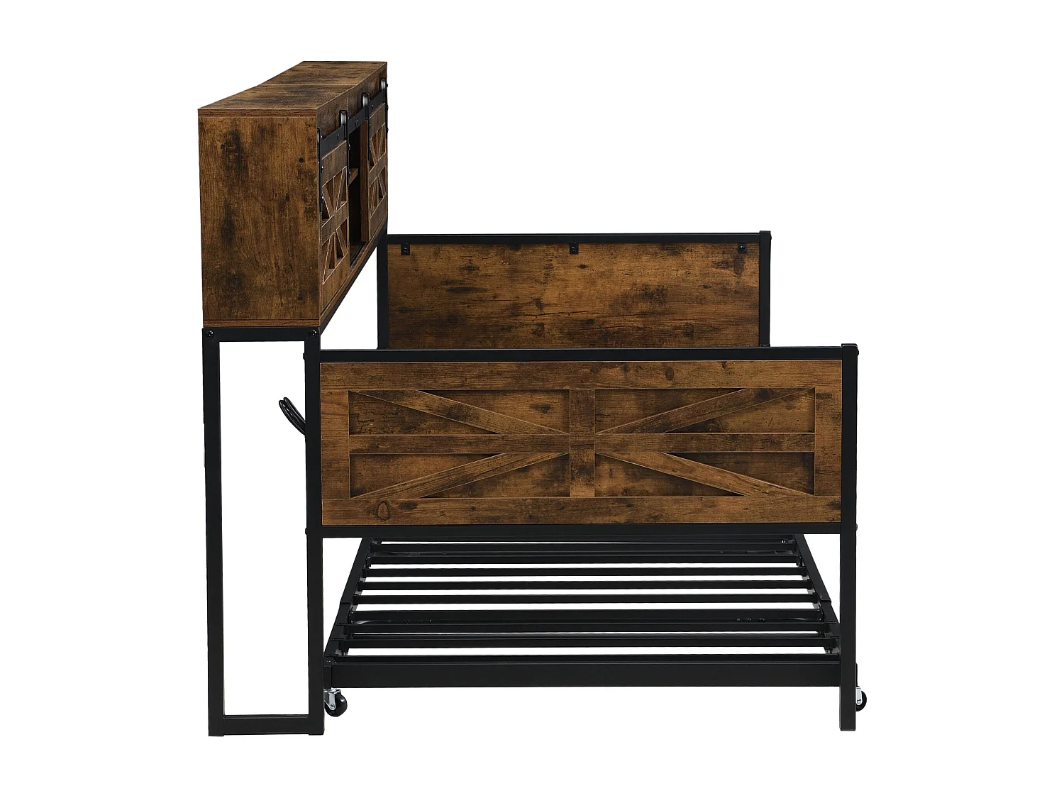 Slaapbank van smeedijzer 90×200 cm - met opbergbed - met opbergruimte + multifunctioneel stopcontact - zwart/bruin