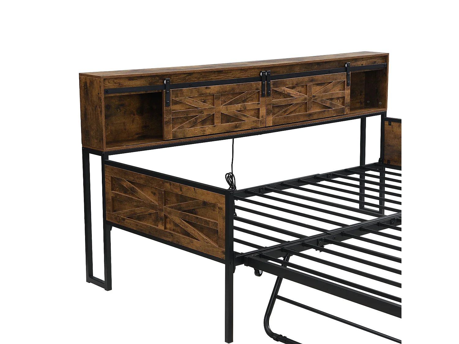 Slaapbank van smeedijzer 90×200 cm - met opbergbed - met opbergruimte + multifunctioneel stopcontact - zwart/bruin