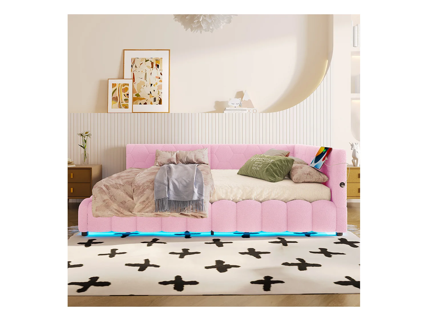 Ausziehbares Sofabett 140x200 cm - mit LED-Beleuchtung - mit USB + Type-C - rosa (ohne Matratze)