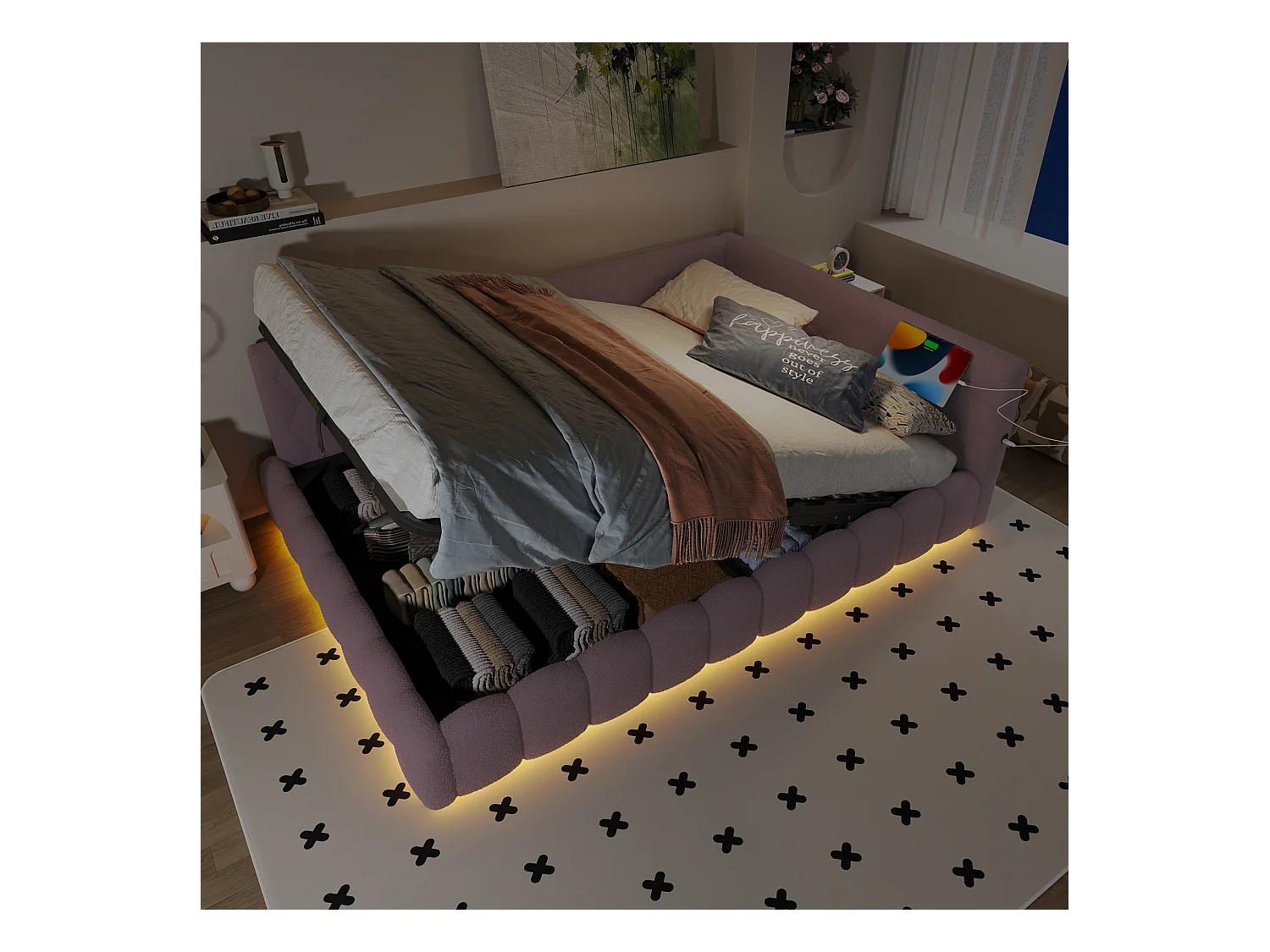 Ausziehbares Sofabett 140x200 cm - mit LED-Beleuchtung - mit USB + Type-C - rosa (ohne Matratze)