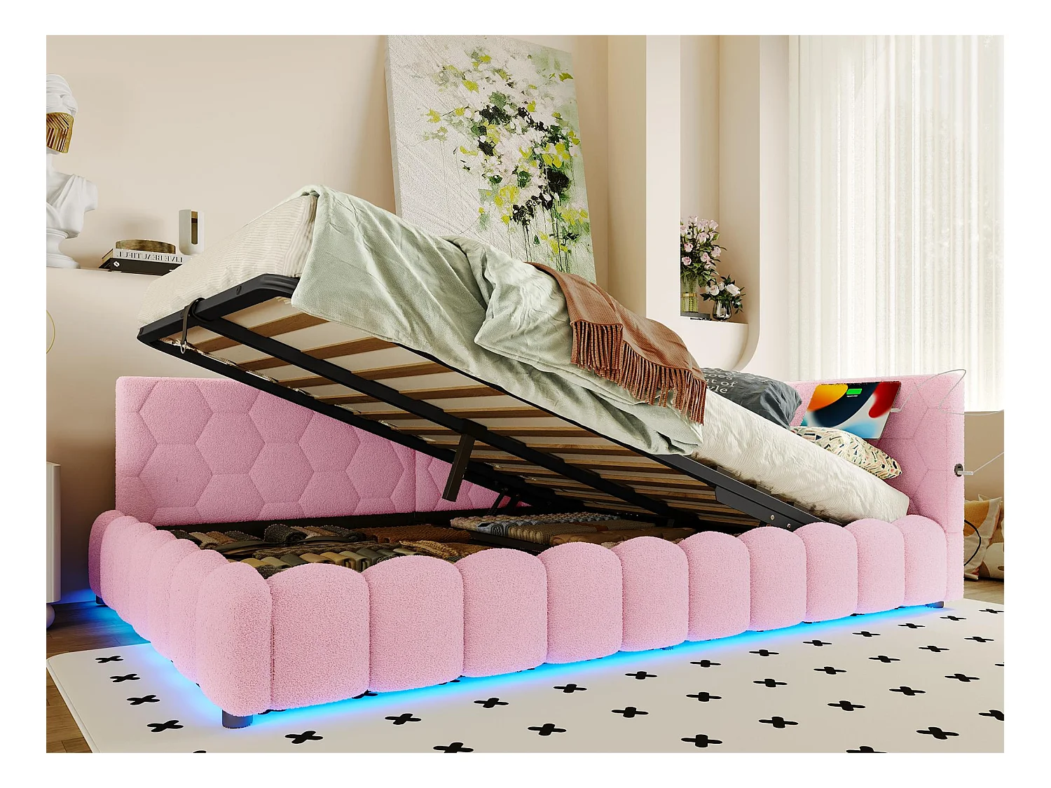 Canapé-lit coffre 140x200 cm - avec éclairage LED - avec USB + Type-C - rose (sans matelas)