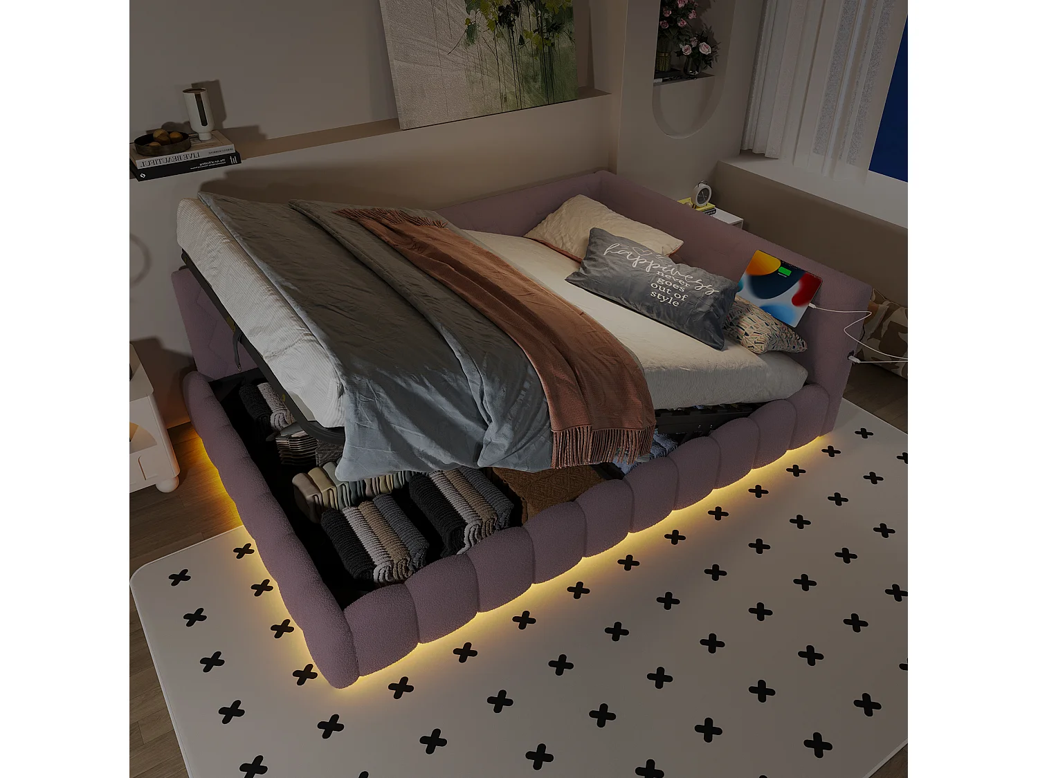 Ausziehbares Sofabett 140x200 cm - mit LED-Beleuchtung - mit USB + Type-C - rosa (ohne Matratze)